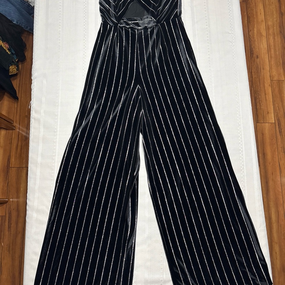 Pink Owl Black Velvet Metallic Striped Wide Leg Women's Jumpsuit-Size L - Picture 3 of 12